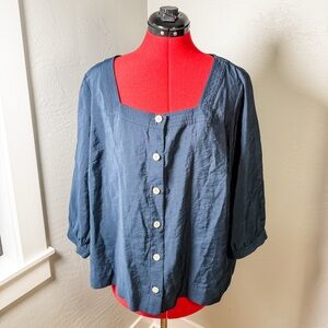 J.Jill Navy Blue Modal Blend Button Front Blouse Petite LP NWT